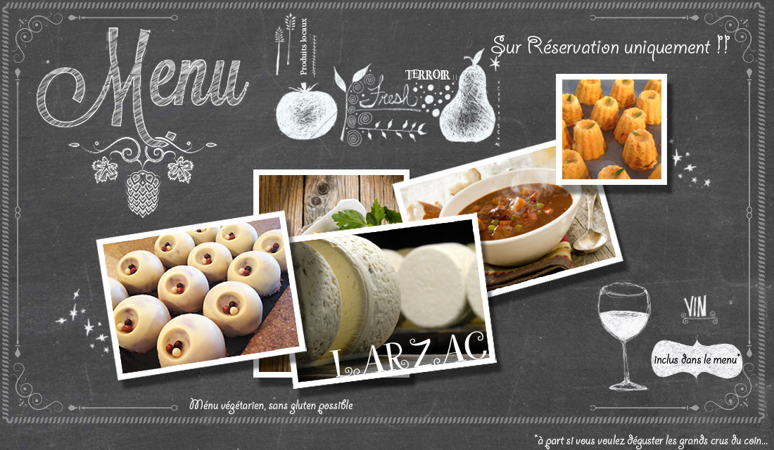 table d'hôte avec produits du terroir du larzac, roquefort, viande angus ...